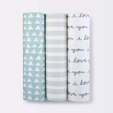 I Love You Muslin Swaddle Blanket - Black/White - 3pk Cotton, Stripes