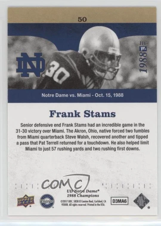 2017 Notre Dame 1988 Championship Blue /88 Incredible Game for Frank Stams #50 - Image 2 of 2