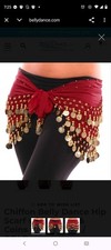 Red Chiffon Belly Dance Hip Scarf with Gold Coins Geometric Prints Women