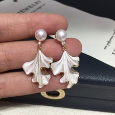 Natural Freshwater Pearl Stud Earrings Enamel Pleated Skirt Design Elegant Women