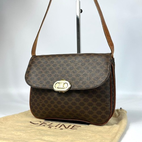 CELINE Old Celine Triomphe Macadam Shoulder Bag Beige Leather Authentic
