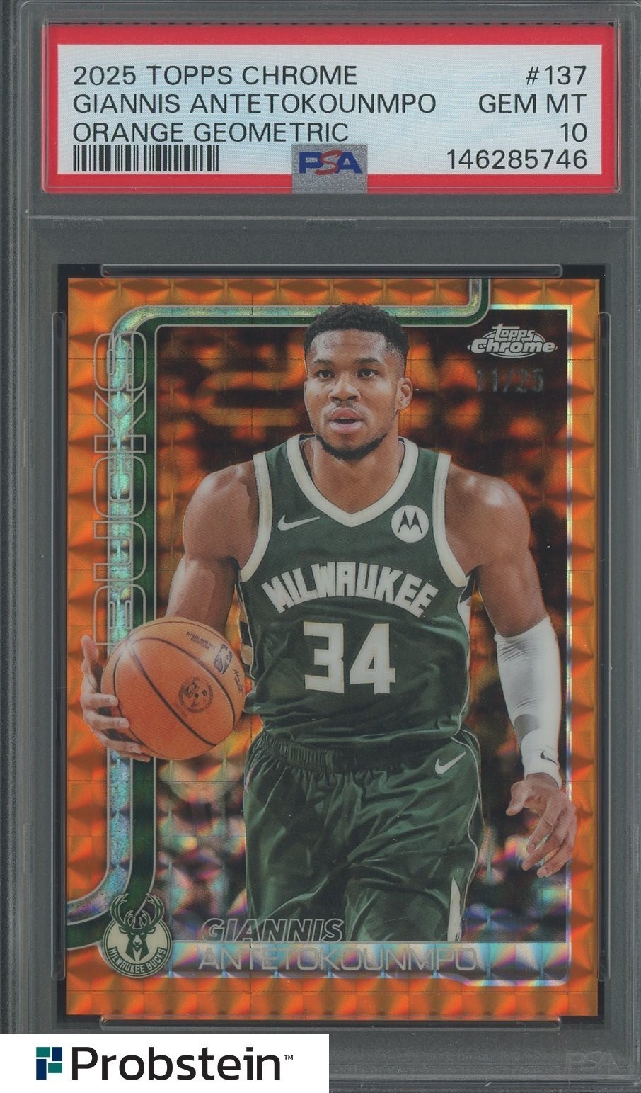 2025-26 Topps Chrome Orange Geometric #137 Giannis Antetokounmpo /25 PSA 10