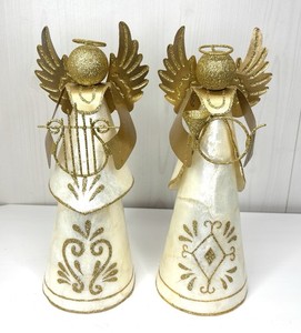 2 Pier 1 Imports Capiz Shell Gold Glitter Christmas Angel Figures Tree Toppers
