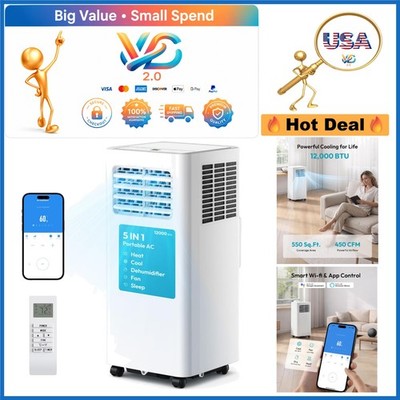 12,000 BTU Portable Air Conditioner with Heat 5-in-1 for Rooms Up to 550 Sq.Ft.