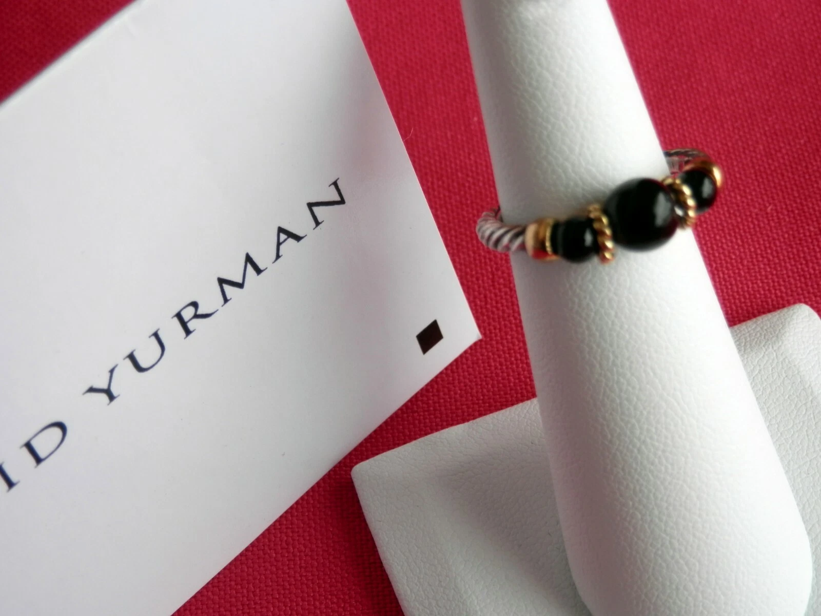 Anello donna David Yurman Rio Rondelle 3 pietre onice oro 18 carati argento misura 5