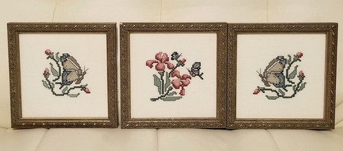 Set Of 3 Matching Custom Framed Cross Stitch Butterflies Iris Flowers Decor Art
