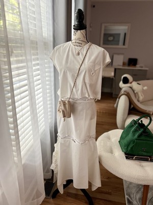Hermes Robe Évasée À Étages Kleid IN Blanc Weiß SS23 Größe 38 Laden Preis