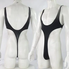 R527 G5272 Mens Thong Bodysuit Narrow Front High Cut Deep U Back Semi C-thru