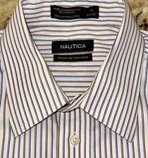 NAUTICA Men  s White Striped Button Up Premium Non Iron Dress Shirt Sz 16x34/35