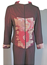 VTG Asian Pant Suit Quilted Silk Burgundy Top Pink Red Peonies Mandarin Floral S