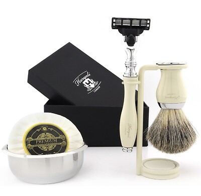 Luxus Rasierset mit Ständer, Pinsel, Schüssel & Seife - Creme Griff.