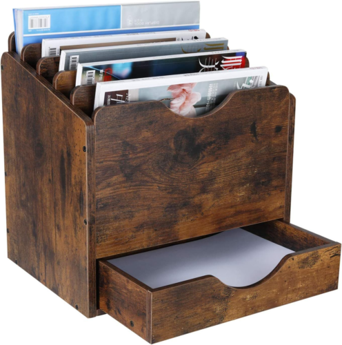 PAG Wood Desktop File Holder Organizer Mail Sorter with Drawer, Antique Brown  - Picture 1 of 6