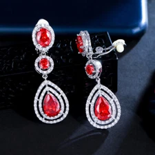 Silver Plated Cubic Zircon Red Long Drop Clip on Women Earring Without Piercing