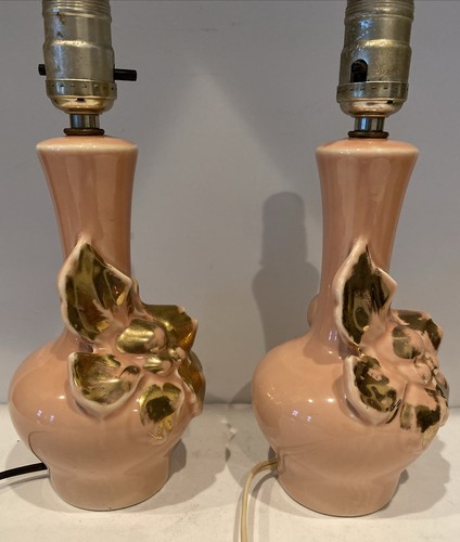 MCM Lamps Gilt Pink Ceramic With Gold Flower Pedals Pair of 8.5” Tall Gorgeous - 第 10/15 張圖片