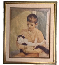 Boy Holding Cat Charming Large Painting American Artist Walter Wellhouse 30 x 24