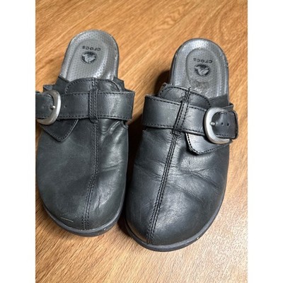 Crocs Black Leather Wedge Clogs Buckle Strap Mules 15513 Womens Size 8 needs TLC