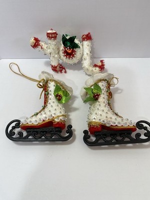 Vintage Handmade Ice Skate Sequin Christmas Ornament Set Of 2 With Joy Ornament