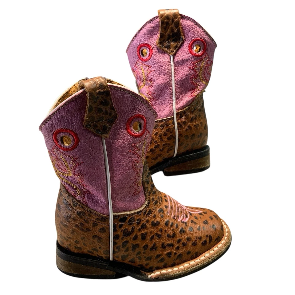 Botas Vaqueras Bebé Cuero Repujado Guepardo Bordadas Rosa Marrón Talla 4C Foto 3 de 4