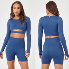 NWT 163 L SPACE In The Zone 2-PIECE SET Bike Shorts  Cutout Crop Top Blue M/L