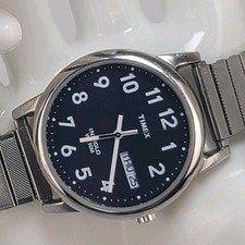 Timex Indiglo Blue Dial Day Date Mens Watch New Battery Stretch Band WR 30m