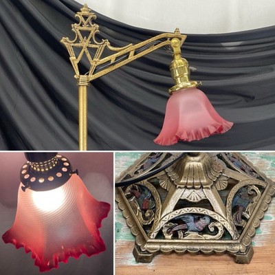 RESTORED Antique Vtg Art Deco Bridge Floor Lamp Polychrome Birds Red Glass 1920s