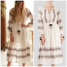 Loveshackfancy Isla Embroidered Boho Pop Pom Midi Dress $395 Size XS