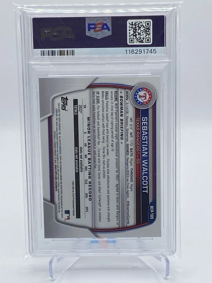 2023 Bowman Chrome Sapphire Sebastian Walcott Rookie Prospect #189 PSA 8 NM-Mint - Image 2 of 2