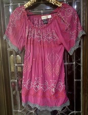 Urban Mangoz Pink Beaded Embroidered Boho Peasant Top Size Small