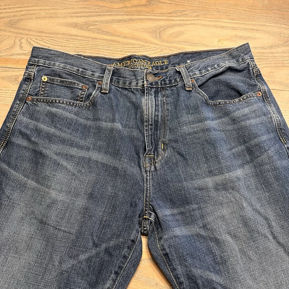 Pantalones de mezclilla American Eagle holgados azules para hombre 36x32 pierna recta lavado medio Foto 3 de 4