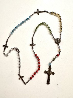Antique-look Rosary Necklace With Glass Beads And Silver Crosses & Centerpiece