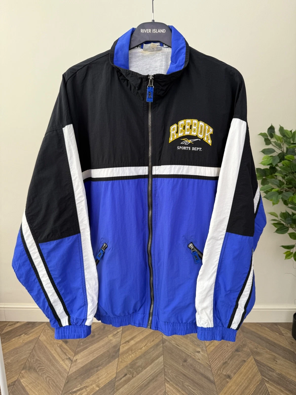Reebok Vintage Windbreaker Jacket Black Blue Spellout Logo Full Zip