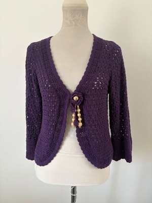 Daxon Vintage Y2K lila Häkel Strick Cardigan Boho Hippie 90er Gr. 14