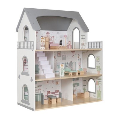 Puppenhaus XXL Großes Holz Puppen Haus Spielhaus Stadtvilla Set mit Möbel Grau