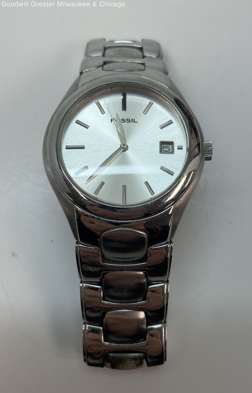 Fossil Silver Tone Date Dial Stainless Steel Watch 129.1g