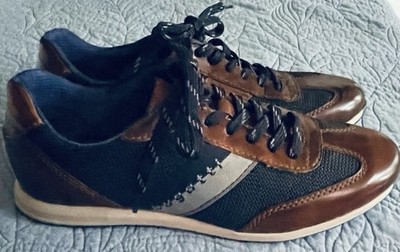 Bugatti COGNAC AND NAVY LEATHER DRESS SNEAKER Italian Leather & Textile Sz 41.  