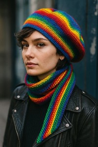 Hand-Crocheted Skinny Scarf And Beret Bohemian Rainbow Colors Fun