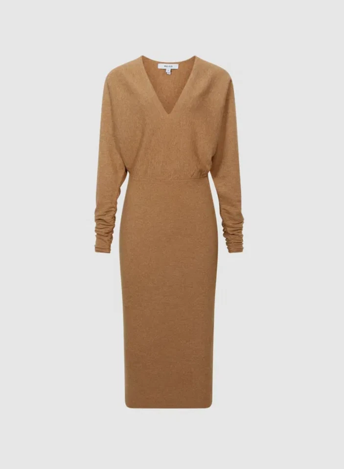 Vestido para mujer REISS Jenna manga acanalada camel tejido lana cachemir - mediano Foto 2 de 4