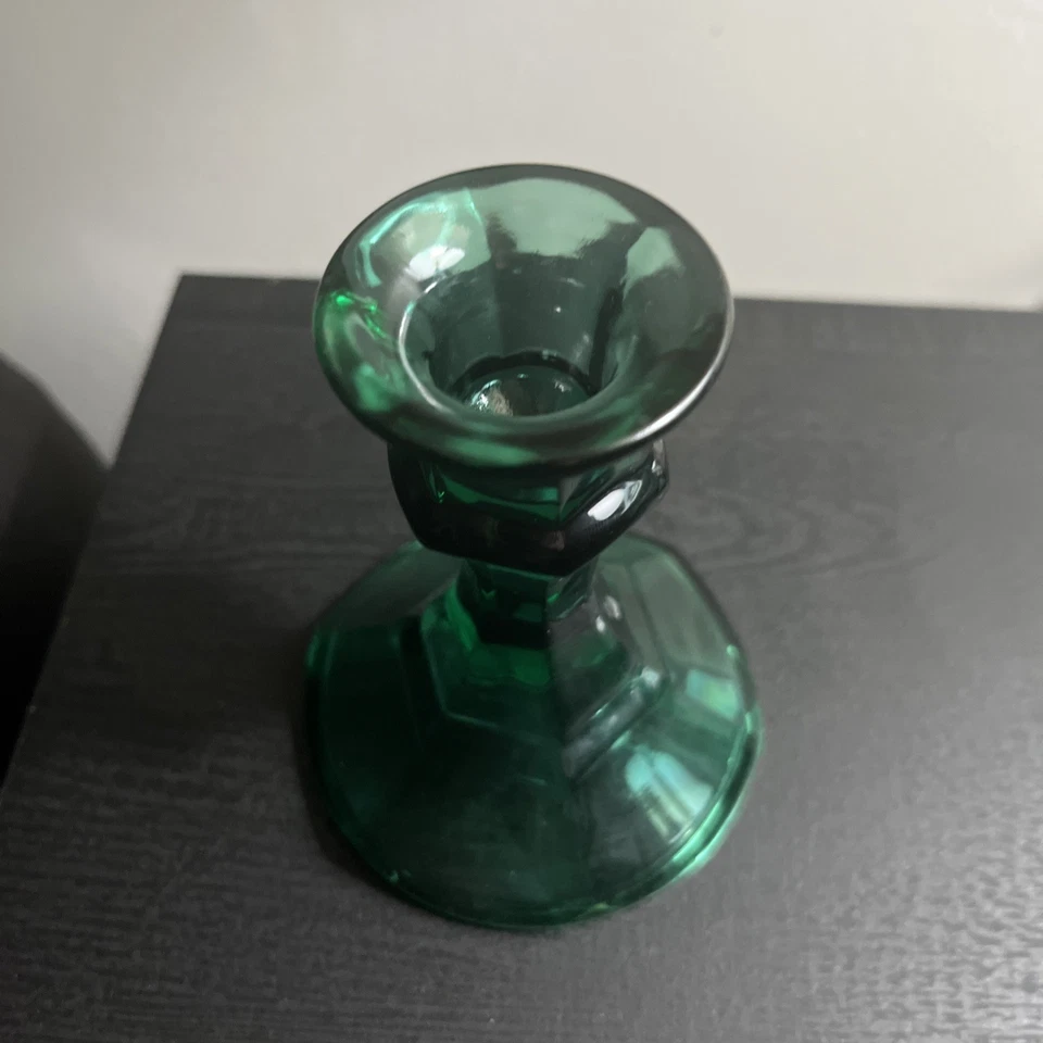 Green Glass Taper Candle Holders 4 inch Excellent Condition. - Image 2 of 4
