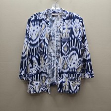 Chicos Collared Unlined Linen Rayon Wrap Sweater Jacket Blue White SZ 2 US Large
