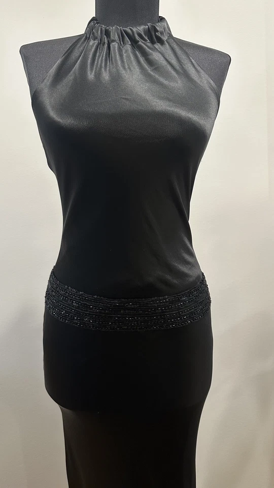 Vera Wang Maxi Gown Black US Size S Satin Halter Tie Low Back Drop Waist Dress - Image 3 of 4