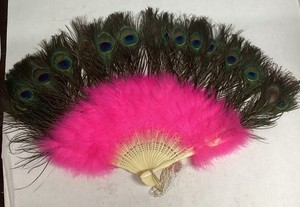Marabou Neon Hot Pink Feathers Fans w/ Double Sided PEACOCK Feathers - 26x15”