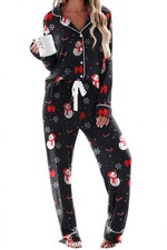 Womens Winter Lounge Set Casual V Neck Long Sleeve Nightwear Classic Two Piec...