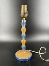 Vintage Czech Glass Boudoir Side Lamp Reverse Painted Blue Orange Ribbed Deco