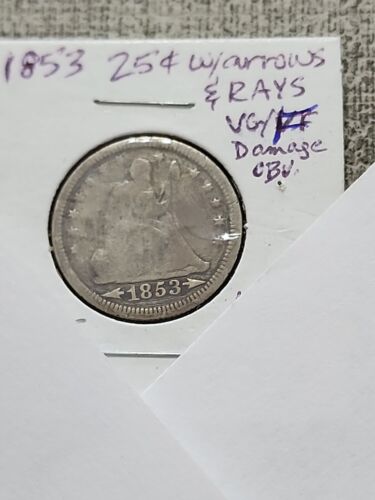 1853 Sitz Liberty Quarter Sehr guter Zustand/F mit Pfeilen und Strahlen Schaden OBV