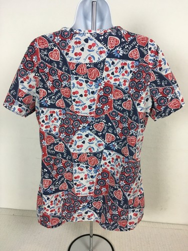 Barco Womens Scrub Top Size S White Blue Red Hearts Cherries Pockets V neck - Picture 4 of 14