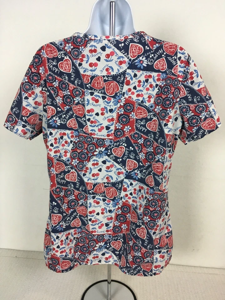 Barco Womens Scrub Top Size S White Blue Red Hearts Cherries Pockets V neck - Image 4 of 4