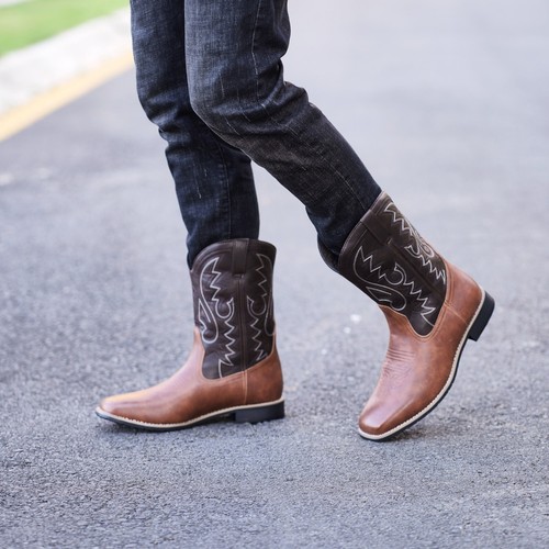 Botas vaqueras para hombre marrón oscuro/tostadas bordadas occidentales punta cuadrada - Imagen 10 de 10