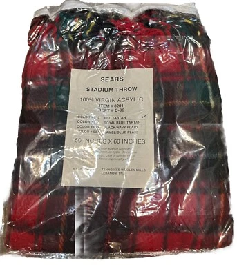 Red Tartan Plaid Vtg Sears Stadium Throw Fringed Throw Stadium Blanket New - Image 1 of 3