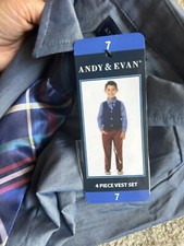 Andy  Evan Boy  s 4Pc Suit SHIRT, VEST, PANTS  TIE Size: 7 Navy