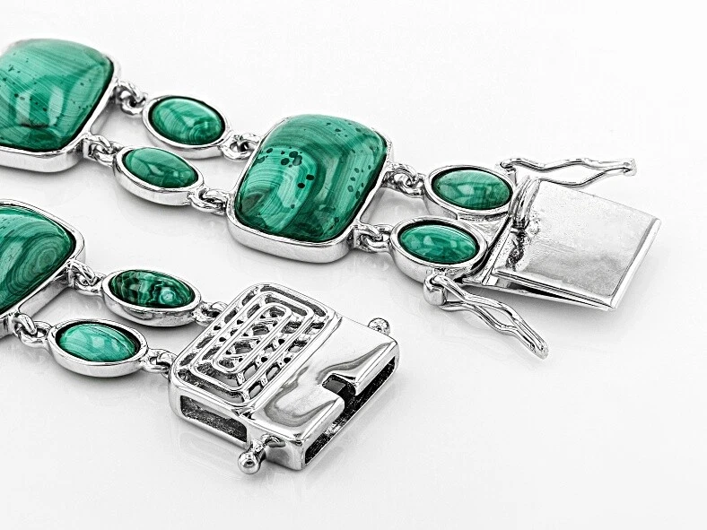 绿色孔雀石纯银铑手链 8.25 英寸长 — 第 2/4 张图片
